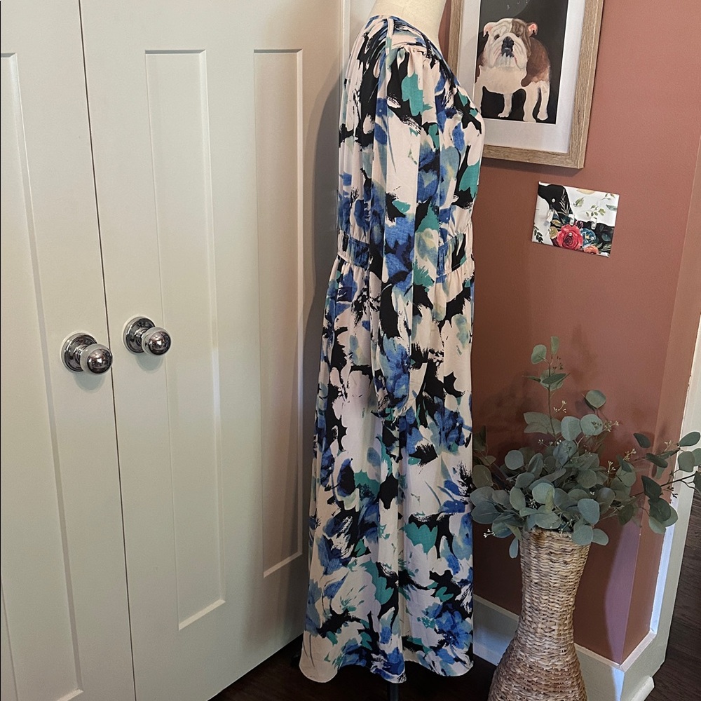PrettyGarden Floral Blue cream Black watercolor vneck long sleeve XL Maxi Dress - Picture 8 of 16